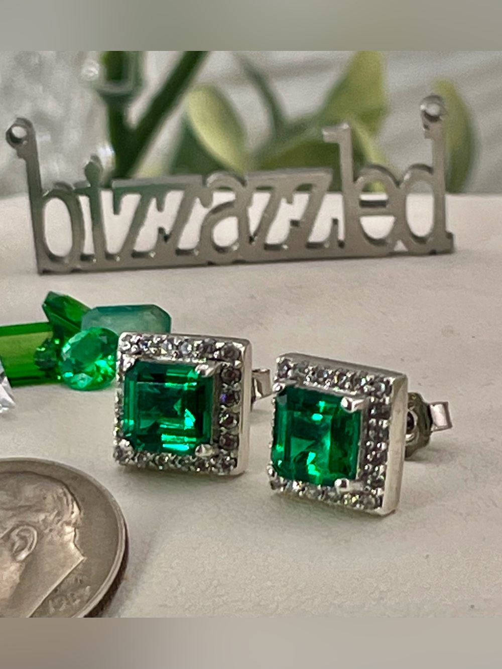 Emerald Earrings Silver 925 Princess cut